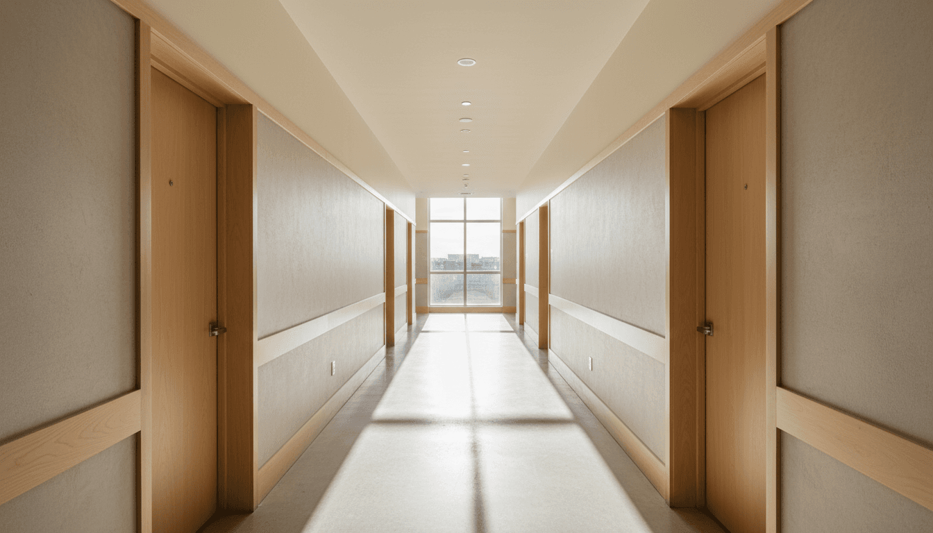 Modern apartment building corridor with natural light and contemporary finishes